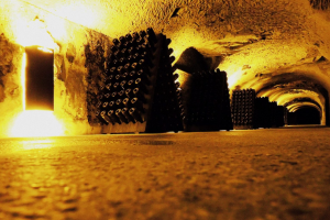 Champagne bottles disposed on riddling racks will be seen during our Loire & Champagne private wine tour.